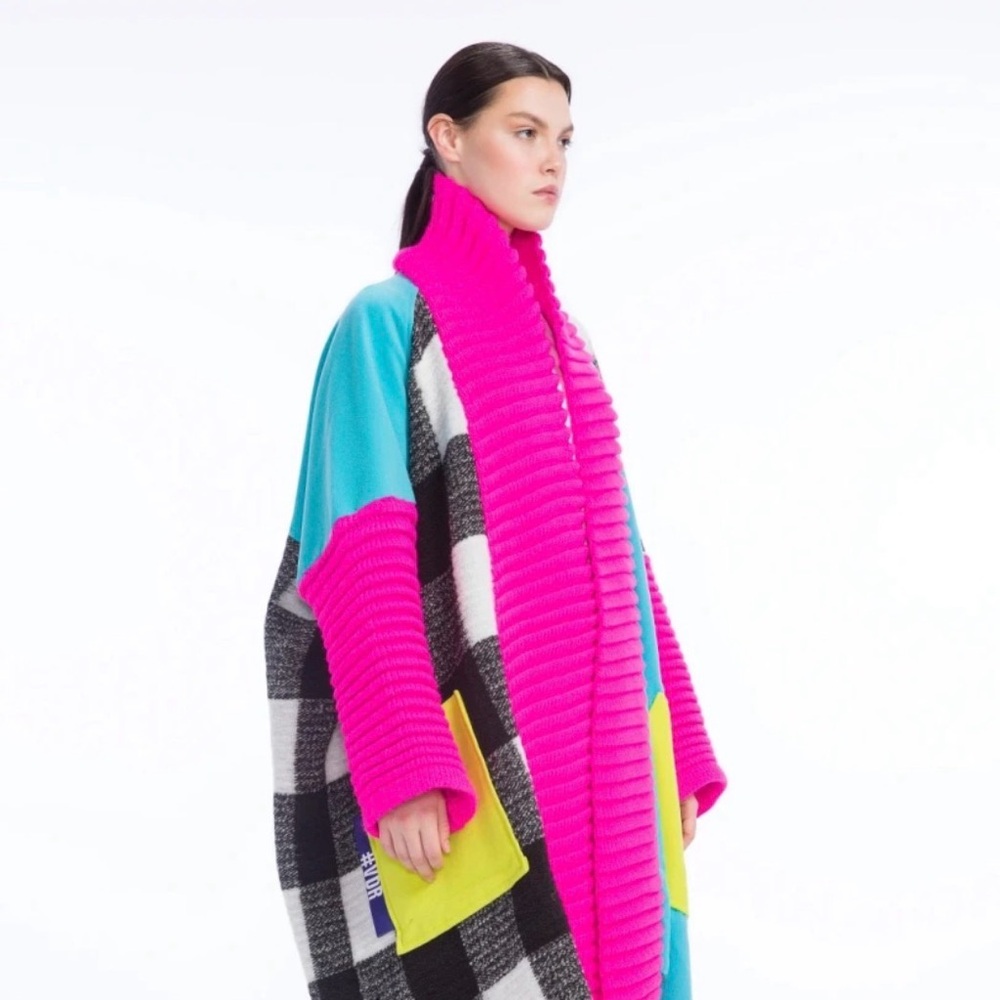 Colorblock Plaid Open Cardigan Jacket - Hot Pink & Aqua